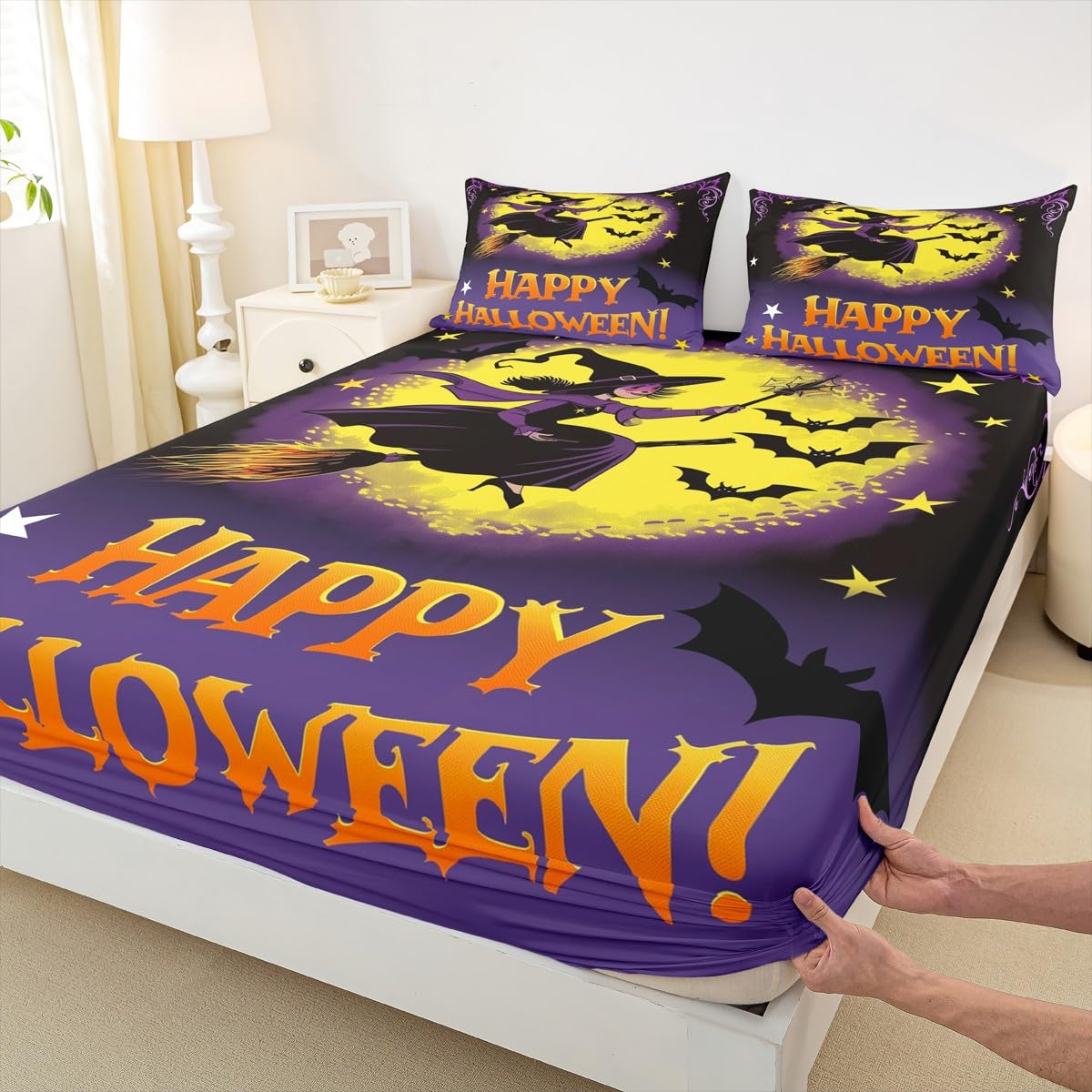 Feelyou Happy Halloween Fitted Sheet Full Size for Kids Boys Girls Magic Broom Bed Sheets Set 16" Deep Pocket Soft Breathable Microfiber Witch Bedding with 2 Pillowcases Halloween Decor Room Decor