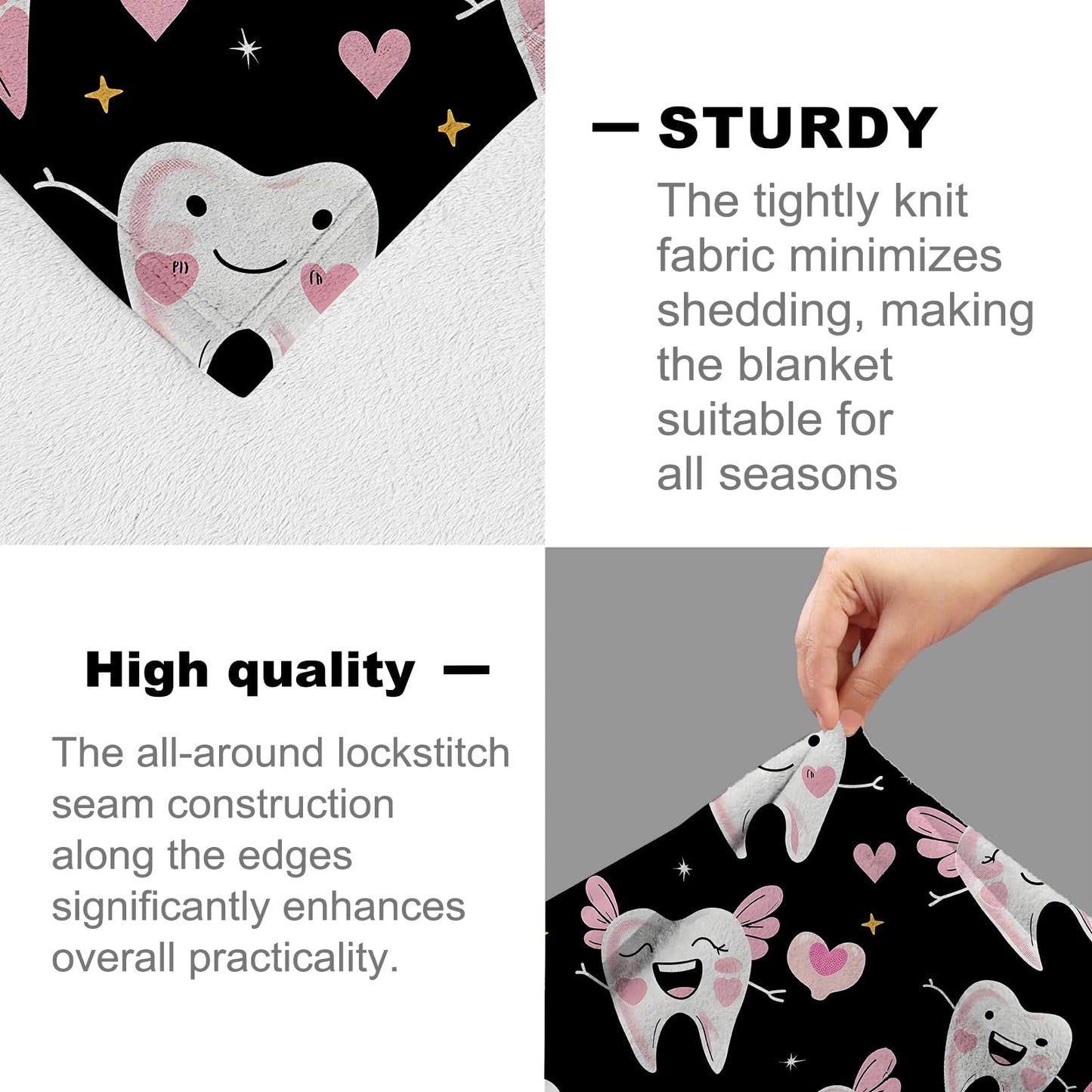 cromcu Cute Tooth Fairy Throw Blanket Warm Lightweight, Pink Dental Heart Flannel Blankets Gifts for Girls Women Dental Lovers, Home Decor Throws for Couch Sofa Camping Office Travel, Black 60"X50"