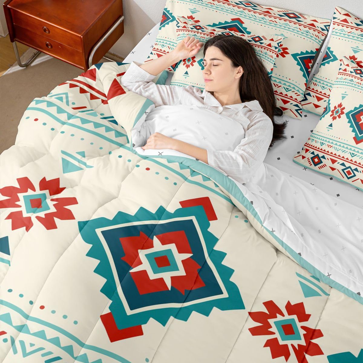 Erosebridal Aztec 7 Piece Bedding Set Queen Geometric Comforter Set with Sheets Diamond Boho Tribal Striped Art Bed in a Bag Cartoon Southwestern Ethnic Style for Teens Men Women