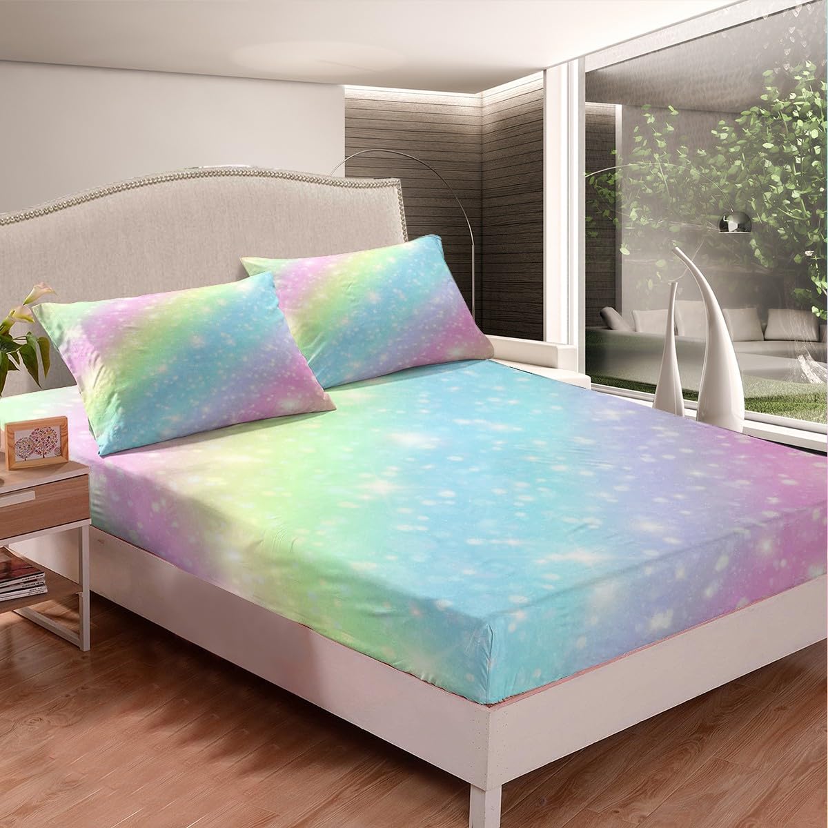 Erosebridal Rainbow Bedding Sets for Girls Kids Teens Tie Dye Pastel Bed Sheet Set King Size Golden Glitter Girly Sweet Sheet Set Abstract Watercolor Art Fitted Sheet + Flat Sheet + 2 Pillow Cases