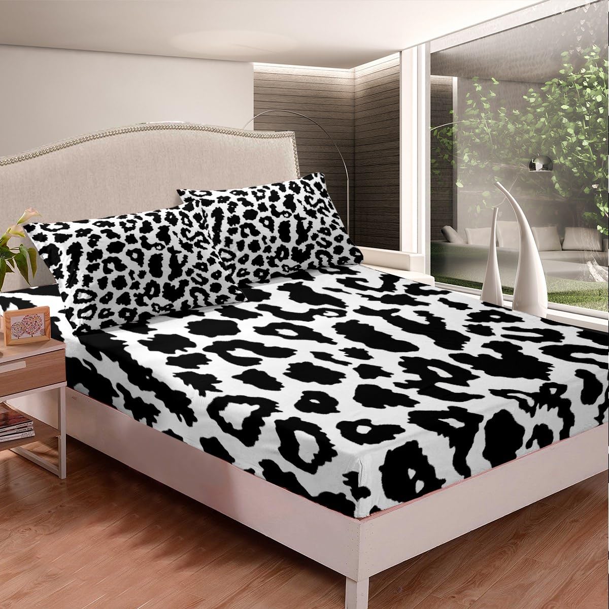 Feelyou Black White Leopard Bed Sheet Set Boys Girls Queen Size Cheetah Fitted Sheet for Kids Women Men Ultra Soft Animal Print Bedding Set Safari Bed Cover Room Decor Zebra Bed Set