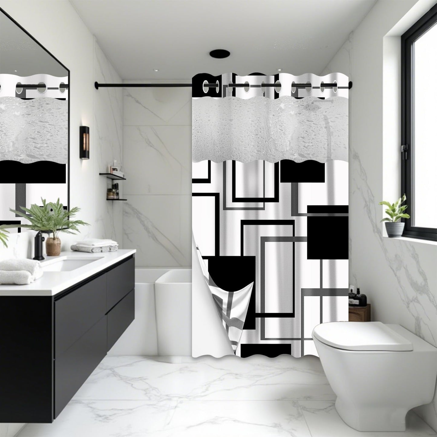 Yieldeer Black and White Geometric Hookless Shower Curtain 71"x74"