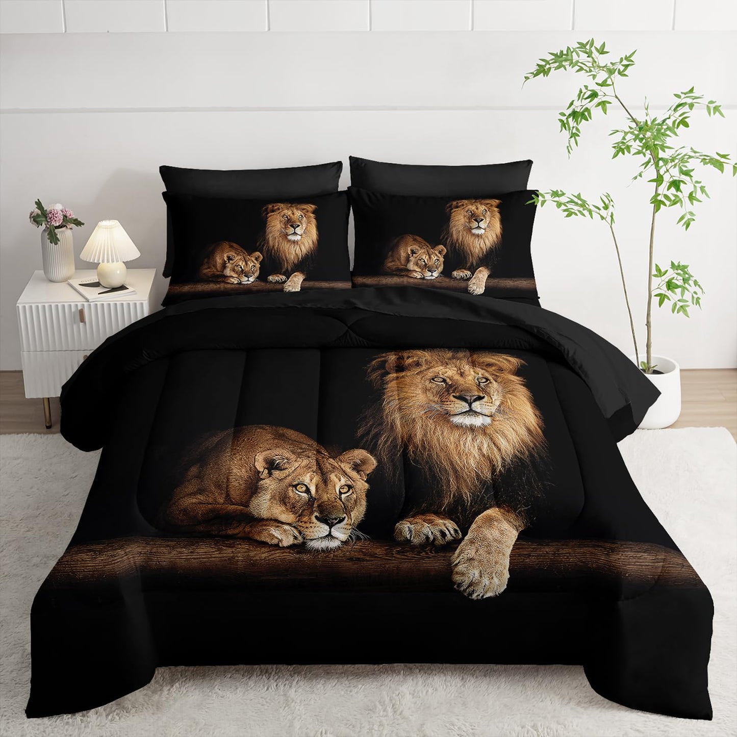 Tuzaovy Lion Comforter Set 7 Piece Twin Size Bed in A Bag,Animal Bedding for Room Decor,Lion Comforter Tropical African Animal 3D Print Bedding with Fitted Sheet,Flat Sheet, Pillowcases & Shams
