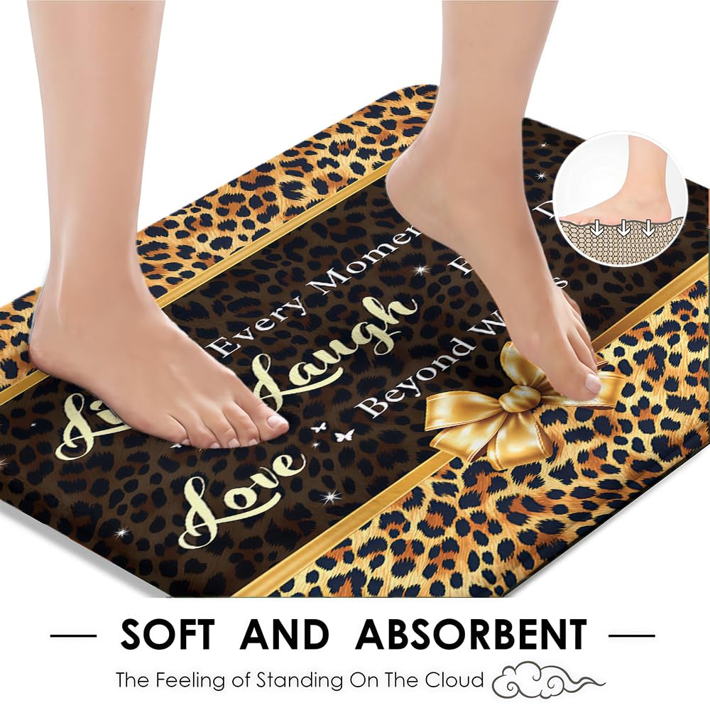 Waitaikong 4Pcs Live Laugh Love Leopard Print Shower Curtain Set, Glam Animal Print with Gold Bow Motivational Quote Bathroom Decor, Waterproof Fabric Bath Set with 12 Stainless Steel Hooks, 72x72