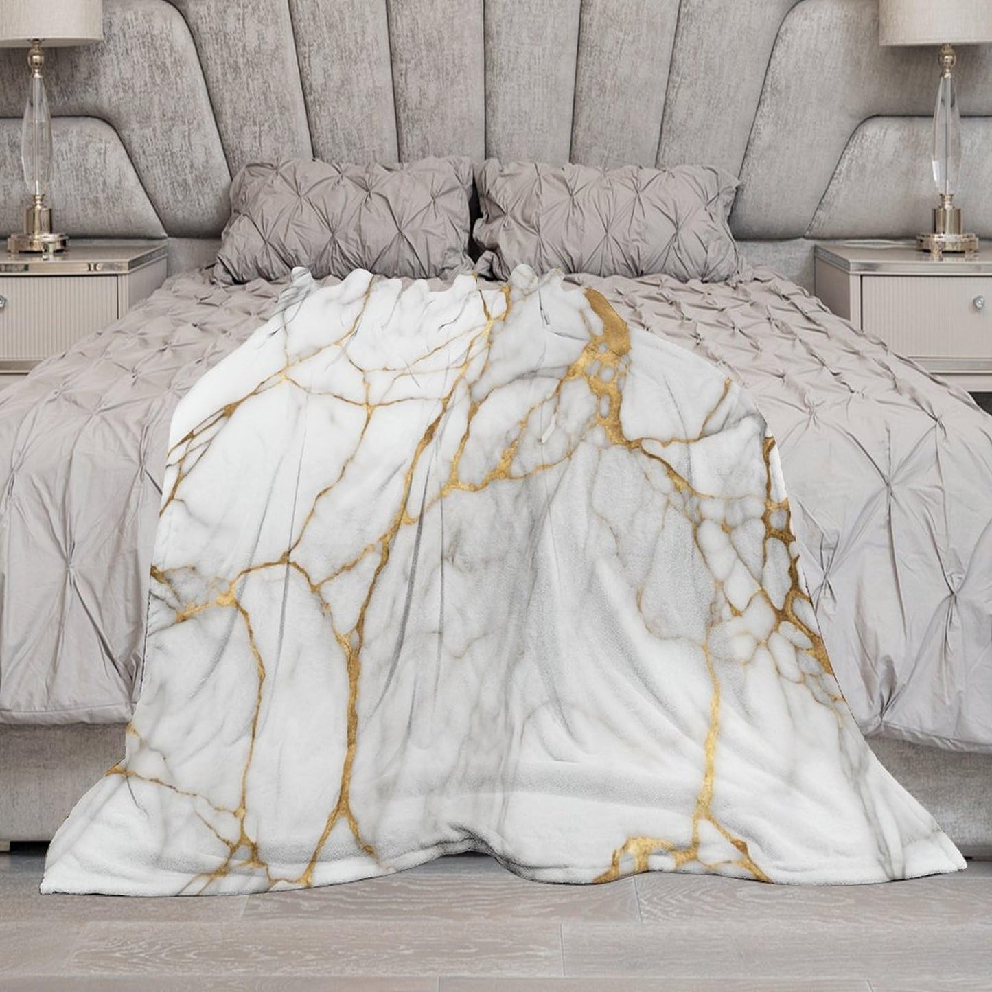 Marble Throw Blanket for Bed Sofa, 40"x50" Super Soft Warm Cozy Fluffy Plush Blanket, Modern Abstract Foil Texture White Gold Marble Flannel Couch Blanket for Travel Camping