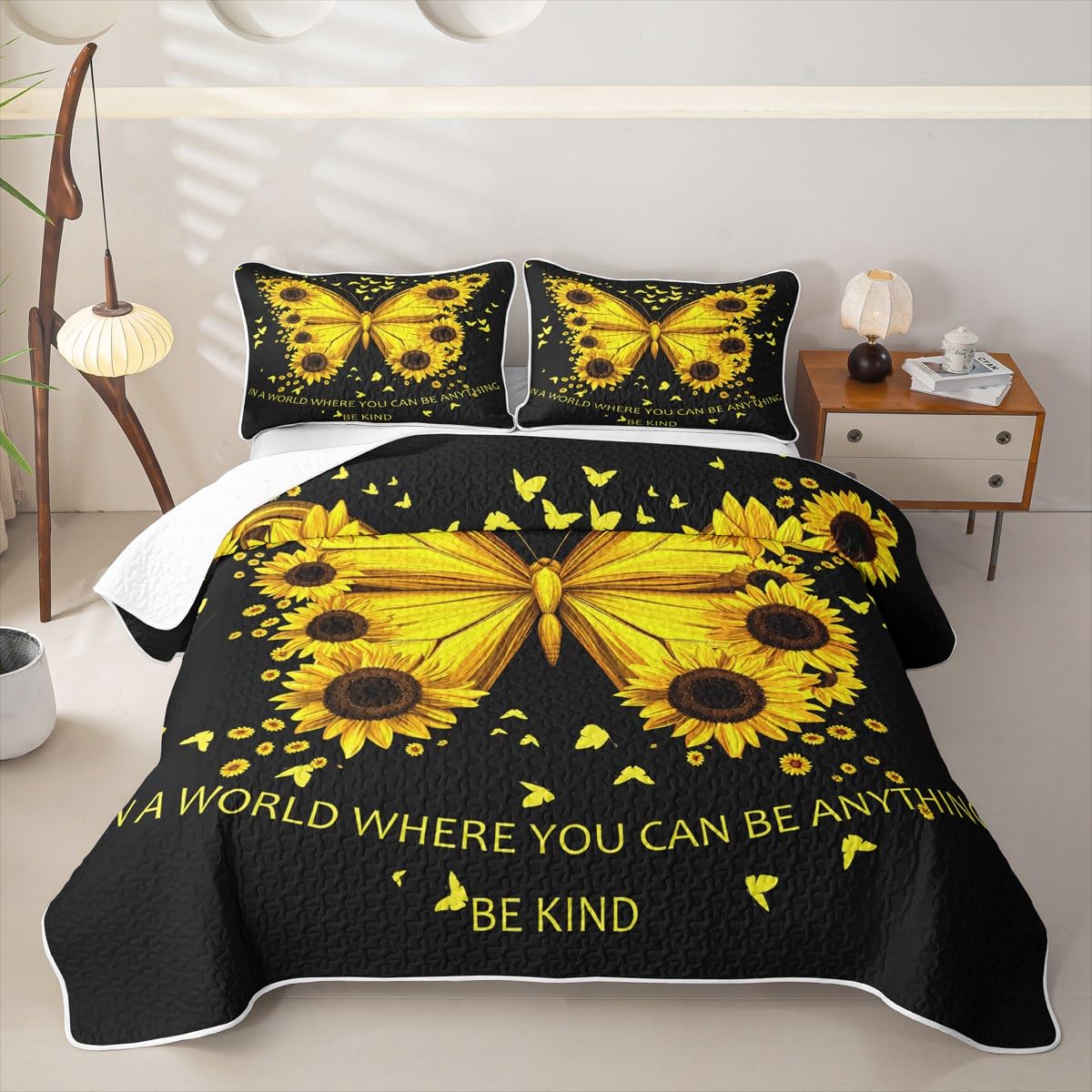 Erosebridal Girl Sunflower Quilt Set Women Butterfly Quilt Full Blossom Floral Quilted Bedspread Rustic Farmhouse Bedding Coverlet with 2 Pillowcases