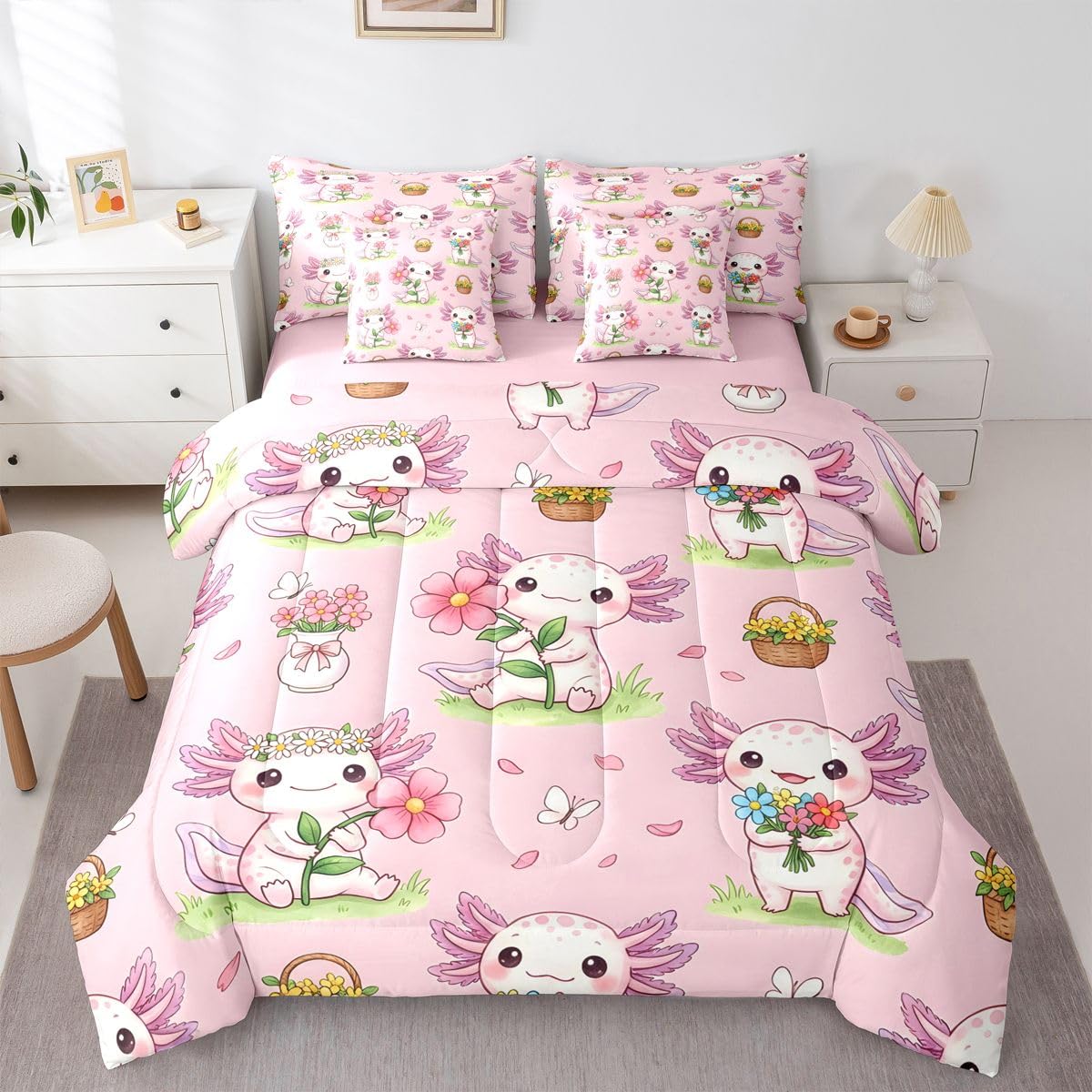 Pink Floral Axolotl Queen Bedding Set for Kids Girls Teens Cute Axolotl Comforter Set with Flat and Fitted Sheet Spring Garden Pink Flowers 7-Piece Bed in a Bag Girly Dreamy Pastoral Petals Quilt Sets