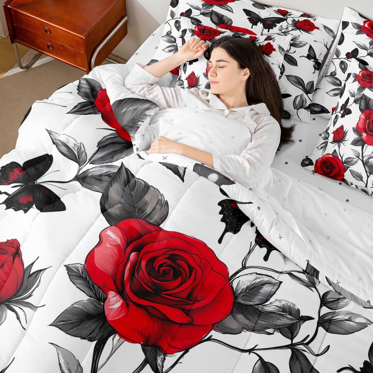 Erosebridal Red Roses Love Full Bedding Set - Romance Hearts Bed in A Bag,Romantic Gifts Comforter Sets with Sheets, Valentines Day 7 Pieces Bed Set Bedroom Decor