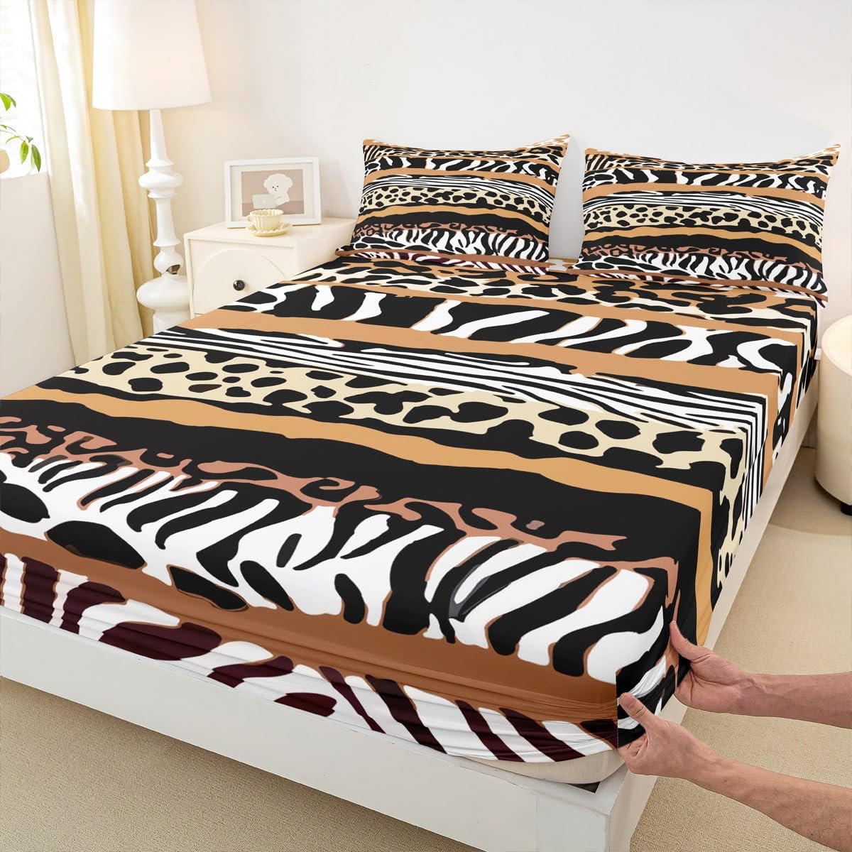 jejeloiu Leopard Fitted Sheet Twin Size for Kids Boys Girls Black Zebra Bed Sheets Set 16" Deep Pocket Soft Microfiber Cheetah Zebra Stripes Bedding with 1 Pillowcase Safari Fur Print Room Decor
