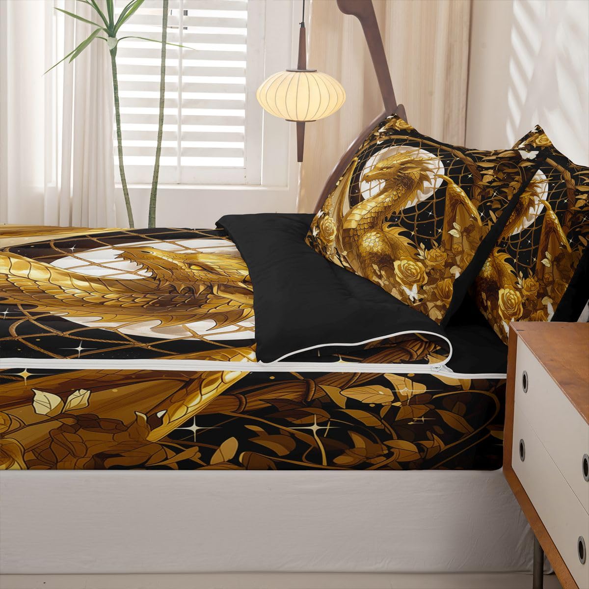 jejeloiu Flying Dragon Zipper Bedding for Kids Twin Size Gold Rose Floral Bed in a Bag with Sheets, Comforter, Pillowcases Fantasy Animal Comforter Set for Boys Girls Ancient Wildlife Beddingh Sets