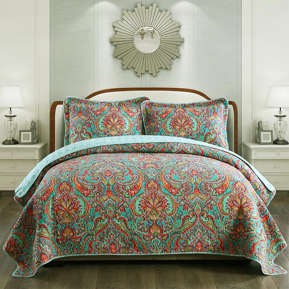 NEWLAKE Cotton Bedspread Quilt Sets-Reversible Patchwork Coverlet Set, European Gorgeous Floral Pattern, Queen Size