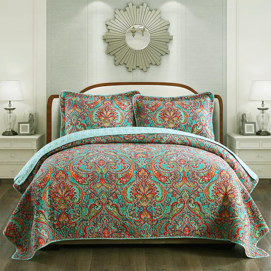 NEWLAKE Cotton Bedspread Quilt Sets-Reversible Patchwork Coverlet Set, European Gorgeous Floral Pattern, Queen Size