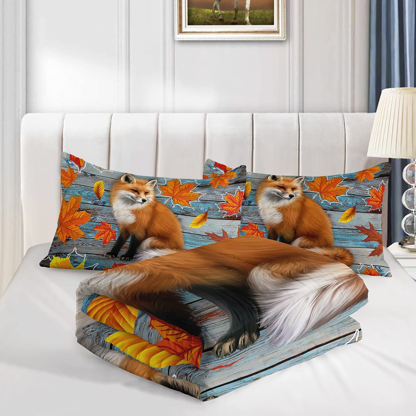 AILONEN Fox Comforter Set for Teens, Cartoon Printed Bedding Twin Size, Animals Bed Set for Bedroom, 3 Piece With 1 Comforter and 2 Pillowcases