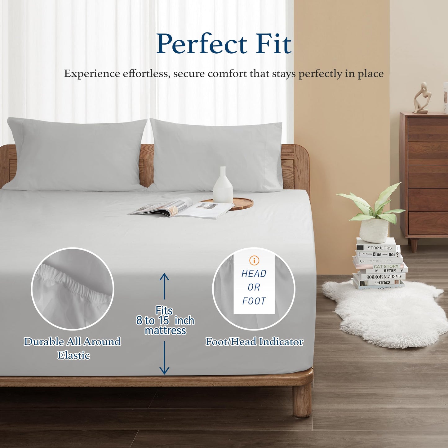 HOMTEC 100% Cotton Percale Fitted Sheet California King Size, 8-15" Deep Pocket Cooling Bottom Sheet, Breathable Soft & Crisp Fitted Sheet Only with 4 Corner Straps (Cal King, Light Gray)