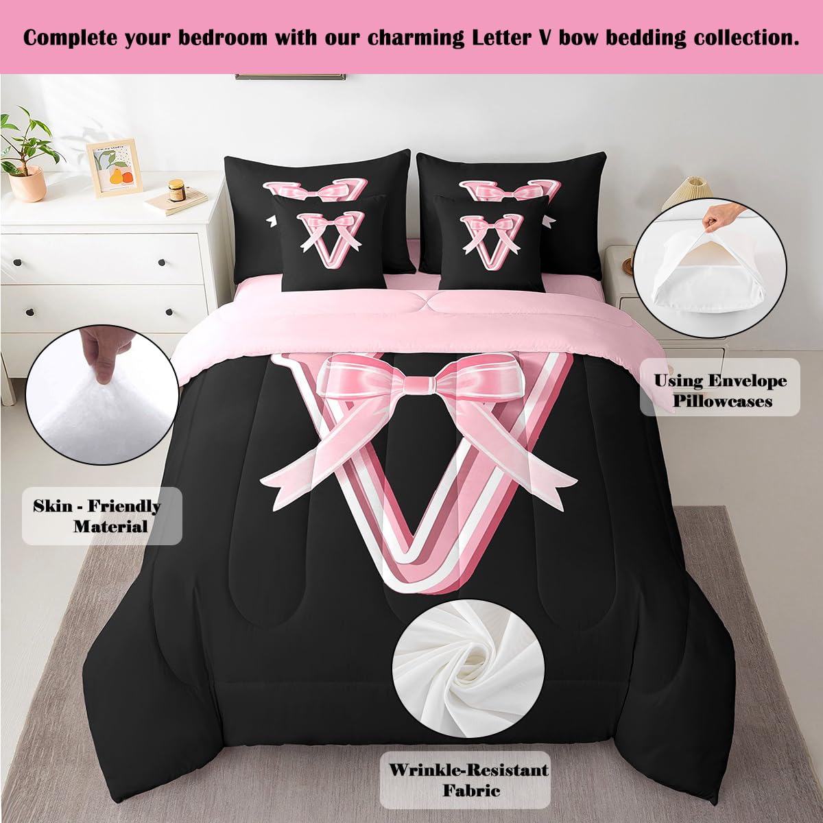 jejeloiu Kawaii Pink Bow Twin Comforter Set with Sheets,Gifts for Women Teen Girl,Monogrammed 7 Piece Bedding Set,Soft Personalized Initial Letter V Bed in a Bag with Comforter,Sheets,Pillowcases