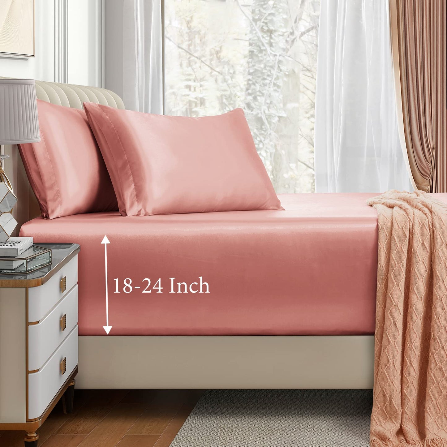 VACVELT 3pcs Extra Deep Pocket Satin Fitted Sheet Set King Bed Set, Rose Gold Bottom Sheet Fit 18-24 Inch Deep Pocket Mattress, Silky Bedding Set Soft & Ultra Deep Fitted Sheet & 2 Pillowcase