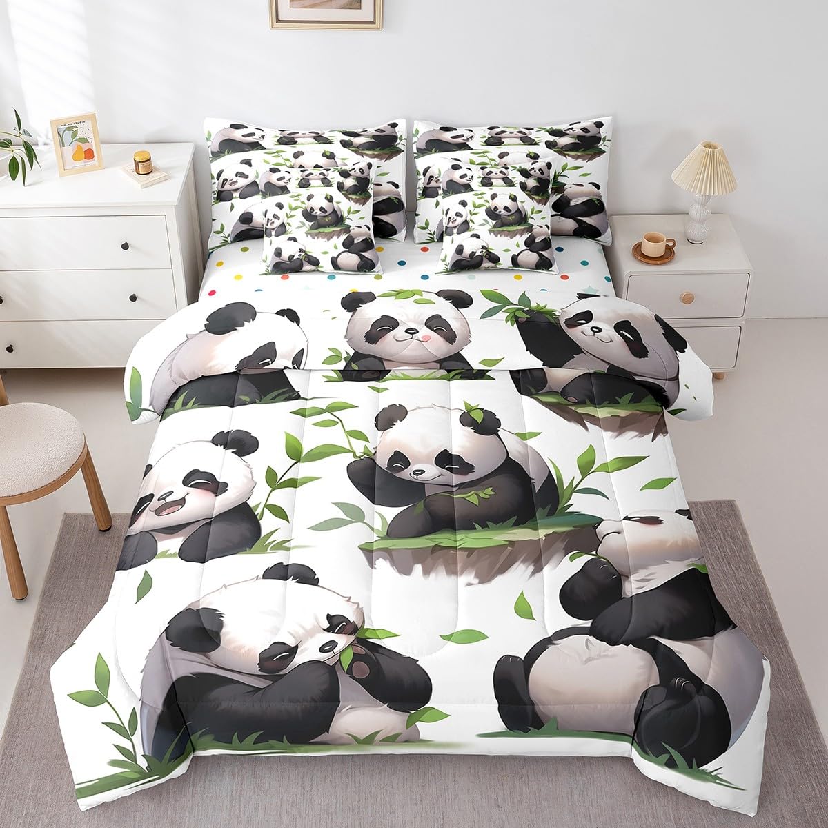 Erosebridal Kawaii Panda Bedding Set King Size, Lovely Animal Theme Comforter Set, Wildlife Cute Panda Kids Teens (Comforter+Fitted+Flat Sheet+2 Pillowcases+2 Throw Pillow Covers) 7 Pieces Bed Set