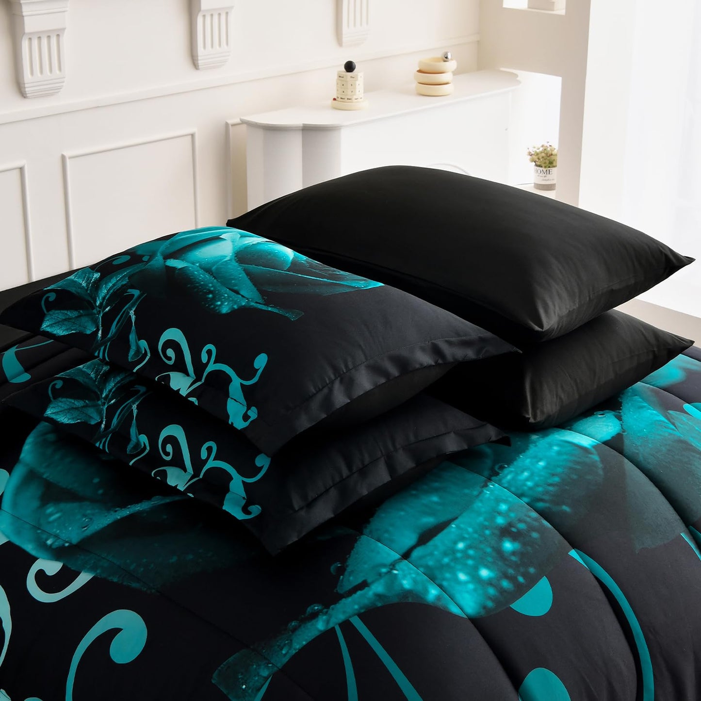 WONGS BEDDING Teal Green Comforter Set King, Reversible Rose 7 Pieces Bed in a Bag, Lightweight Soft Microfiber Bedding Sets with Flat Sheet, Fitted Sheet, Pillowcases & Shams