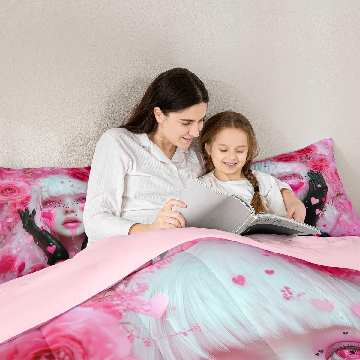 Erosebridal Pink Girl Comforter Set Twin Size Romance Rose Flowers Toddler Bedding Sets for Girls Anime Bedding Set, Modern Fashion Lady Art Duvet Insert Love Hearts Quilt with 1 Pillowcase