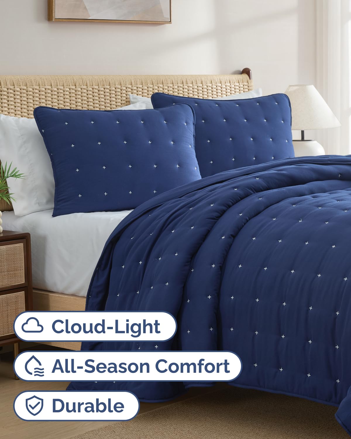 Quilts King Size - Bedspread for King Size - Lightweight Comforter Set - Quilt Bedding Set for All-Seasons - Ultra Soft, Breathable & Comfy - Summer Coverlet with 2 Pillow Shams - 106" x 96", Navy