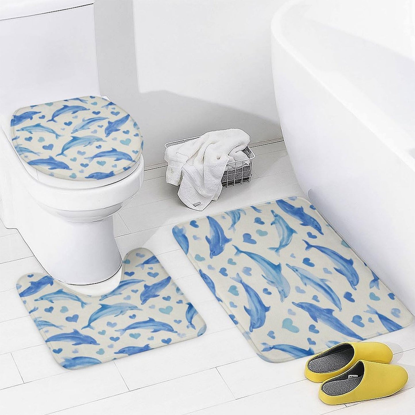 INSFBRB Funny Watercolor Dolphin Shower Curtain Sets with Rug,Toilet Lid Cover and Bath Mat,Modern Cute Ocean Wildlife Dolphin Love Heart Pattern 4 Piece Bathroom Set