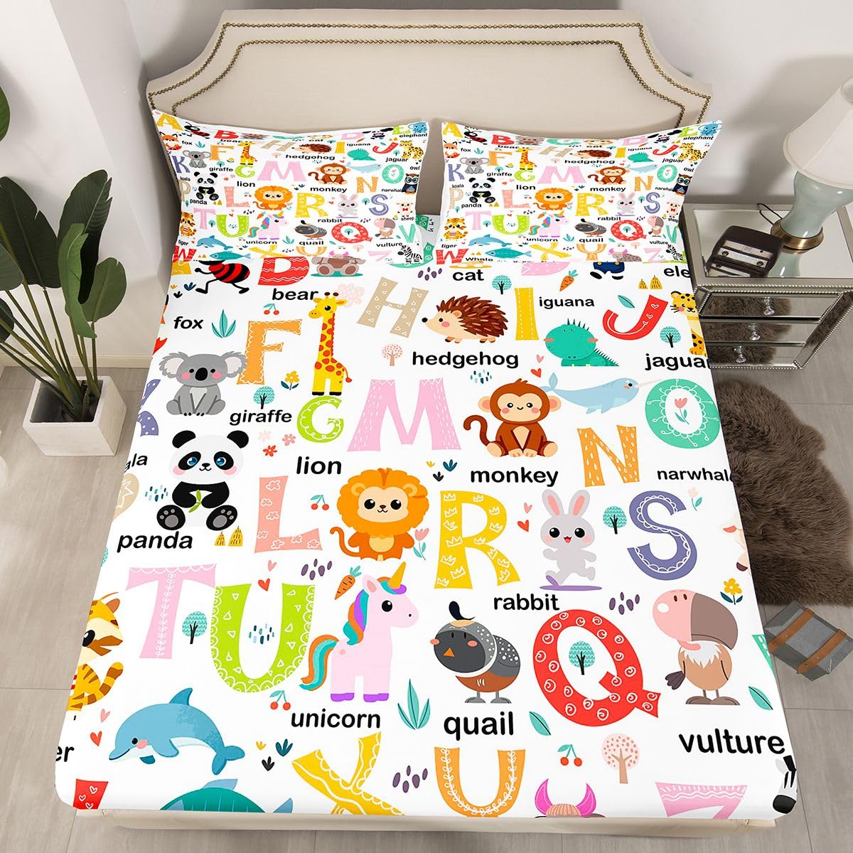 ABC Alphabet Bedding Set Twin Size for Boys Girls, Cartoon Animal Bed Sheet Set Cute Educational Learning Tool Fitted Sheet Learning Educational Bed Cover (1 Pillow Case and a Fitted Sheet)