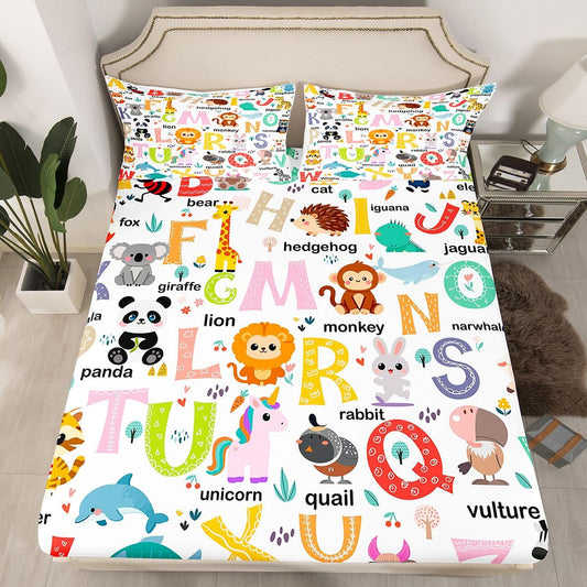 ABC Alphabet Bedding Set Twin Size for Boys Girls, Cartoon Animal Bed Sheet Set Cute Educational Learning Tool Fitted Sheet Learning Educational Bed Cover (1 Pillow Case and a Fitted Sheet)