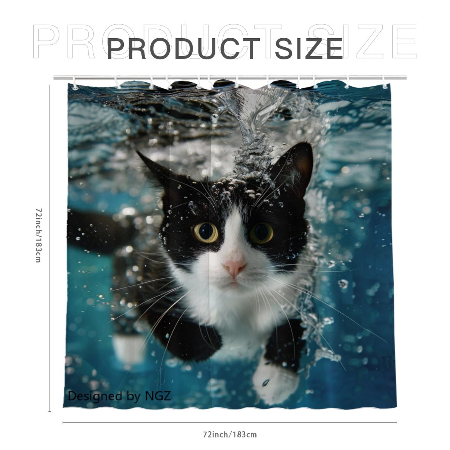 NGZ Swimming Animal Shower Curtain, Underwater Tuxedo_Cat, Sports Theme, Fun Pet Lover Bathroom Curtain, 72x72 Inch Bath Decor with 12 Hooks