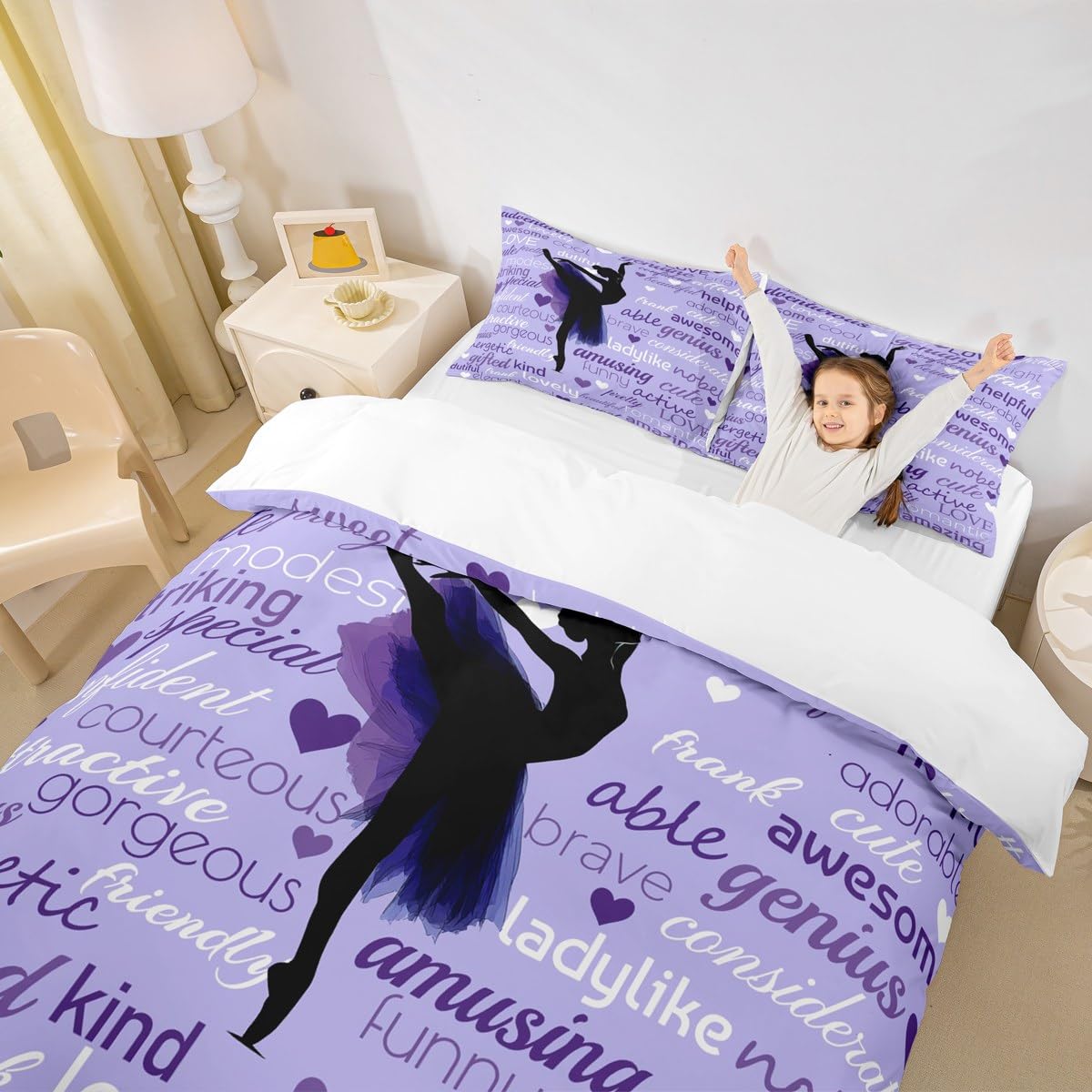 Gymnastics Ballet Lovers Duvet Cover Set Queen,Beauty Silhouette Bedding Set 3pcs for Kids Teens Adults Room Decor,Inspirational Quotes Comforter Cover Purple Romantic Quilt Cover with 2 Pillowcases