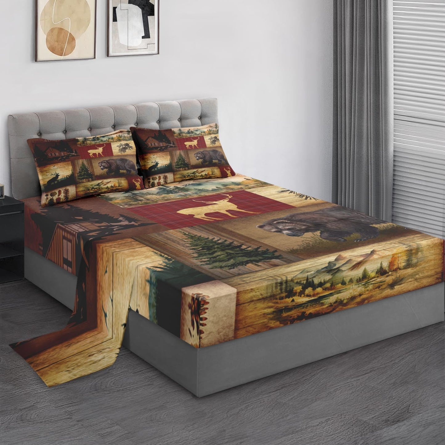 Pamnest Full Size Bed Sheet Sets, Camp Bear Mountain Soft Microfiber 4 Pcs Bedding Sets for Kids and Adults Bedroom Bed Decor, Wildlife Brown Pine Tree Flat, Fitted Sheet and 2 Pillowcases