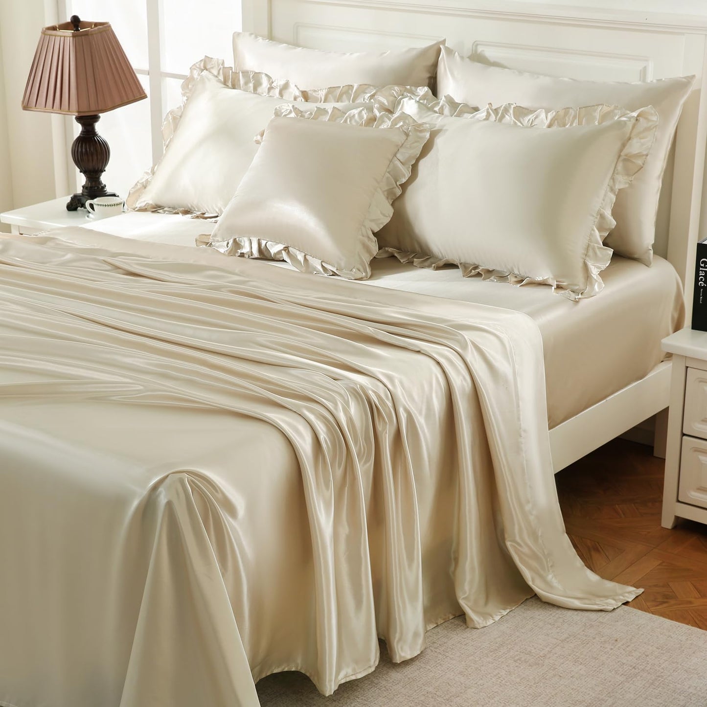 Bedbay Satin King Size Comforter Set with Sheets,Shabby Ruffled Bed Comforter 8 Pcs,Elegant Ruffle Room Decor Aesthetic Comforter King Bed in a Bag Set,Silk Like Satin Luxury Silky Bed Set