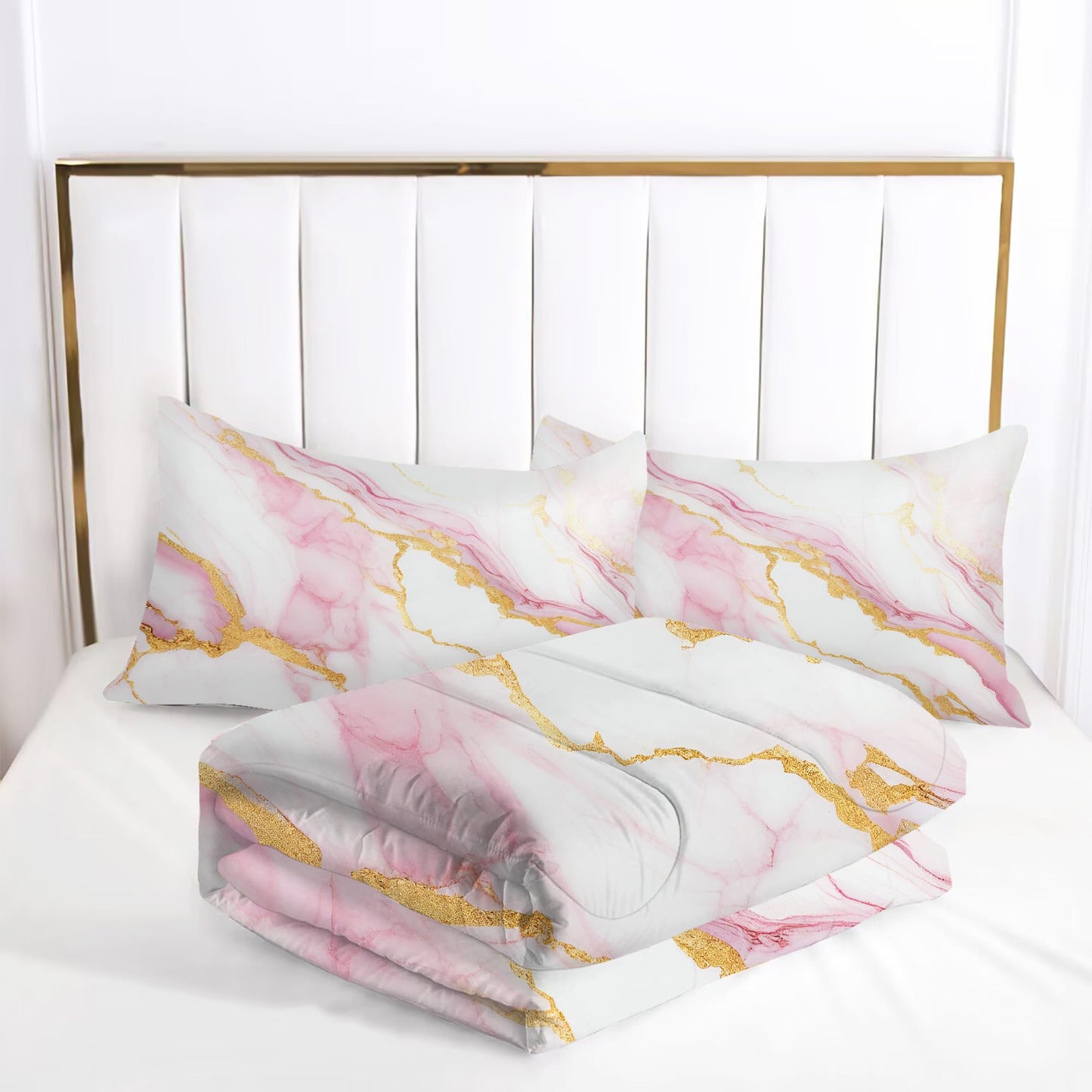 EDGZKO Comforter Set Pink Marble: King Size Bedding Sets for Women Girls Teens Bedroom Luxury Pink Gold Glitter Abstract Marbling Pastel Bed Set 1 Comforter & 2 Pillowcases