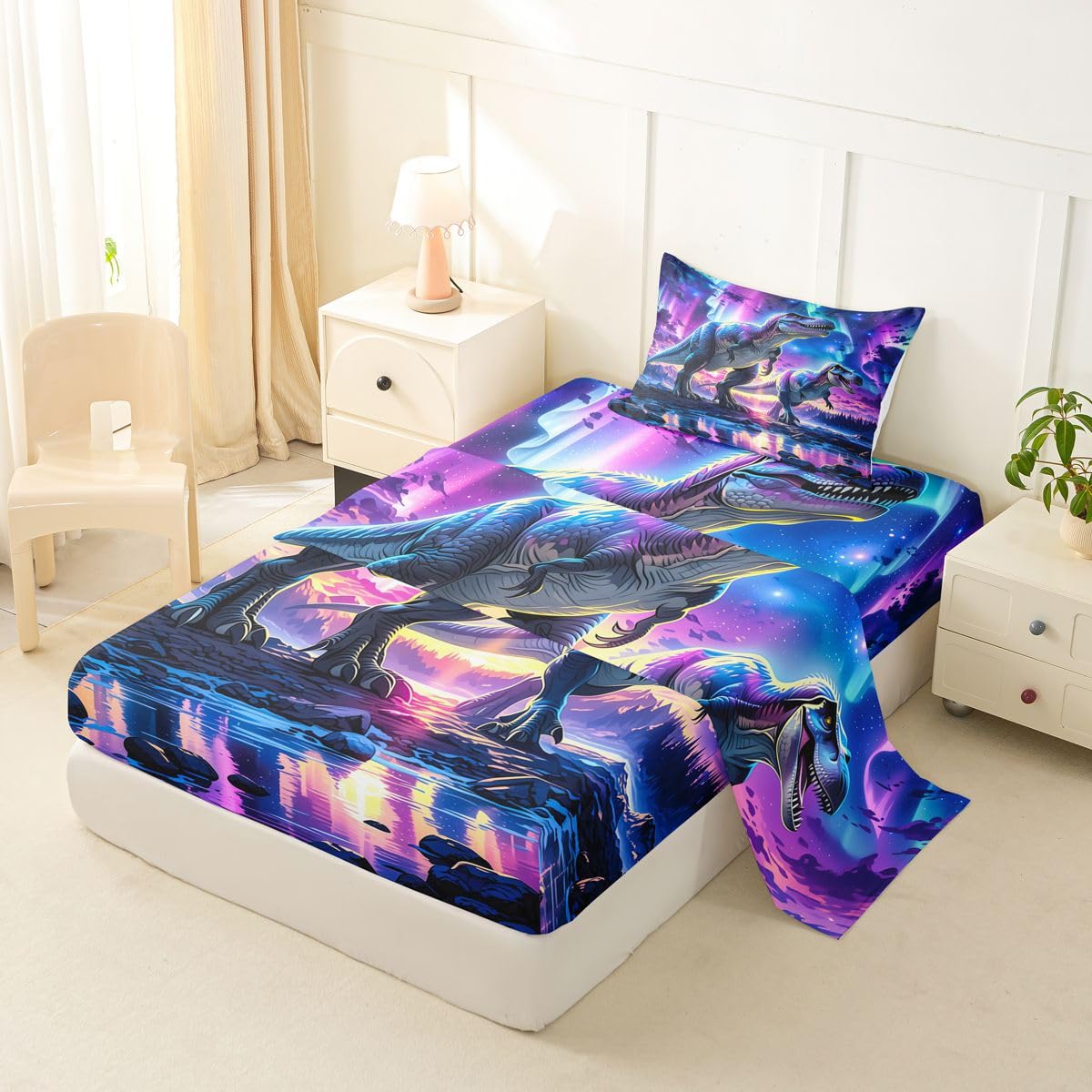 Feelyou Dinosaur Bed Sheets Set Twin Size 3D Digital Print Bed Set for Kids Boys Girls Jungle Dino Deep Pocket Fitted Sheet Wild Animal Breathable Soft Lightweight Microfiber Purple Blue