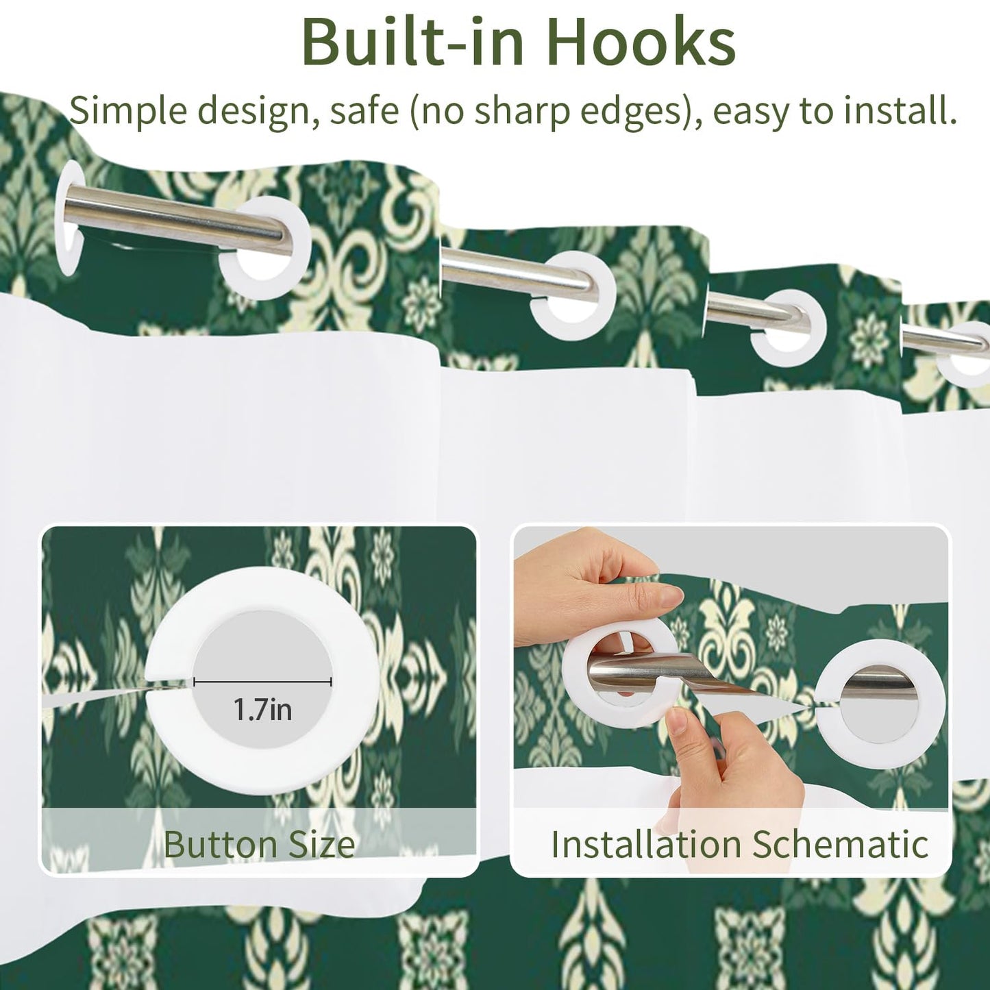 NAEMBCU Green Damask No Hook Shower Curtain with Snap in Liner Set 71x74in