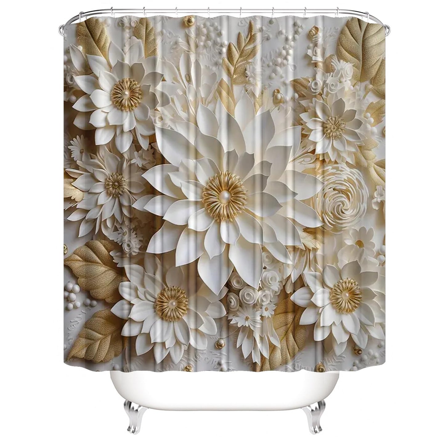 Chrainy 4Pcs 3D Floral Shower Curtain Sets Elegant White Blossom Flowers Bathroom Accessories Set Modern Minimalism Waterproof Spring Bathroom Decor with Rugs and 12 Hooks