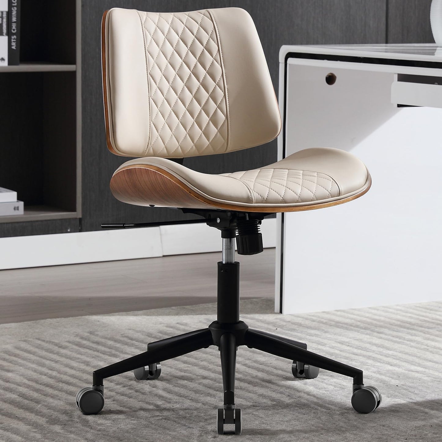 BERYTH Home Office Chair No Arms with Wheels, Adjustable Height Small Desk Chair, PU Leather Mid Back 360 Swivel Computer Chair, Armless Modern Walnut Chair for Office, Reading Meeting Room(Beige)