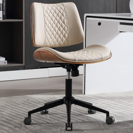 BERYTH Home Office Chair No Arms with Wheels, Adjustable Height Small Desk Chair, PU Leather Mid Back 360 Swivel Computer Chair, Armless Modern Walnut Chair for Office, Reading Meeting Room(Beige)