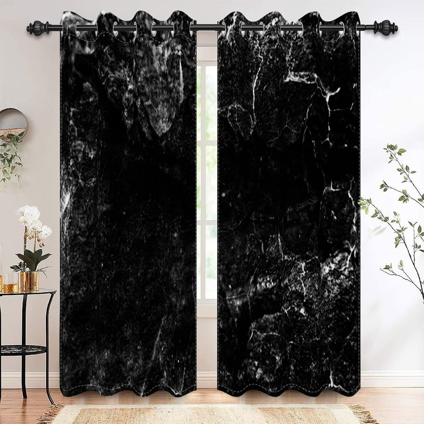Renaiss Black Marble Blackout Curtains, Black and White Marble Texture Print Bedroom Window Curtains Luxury Modern Art Thermal Insulated Window Drapes for Living Room 53W x 84L Set of 2 Panels