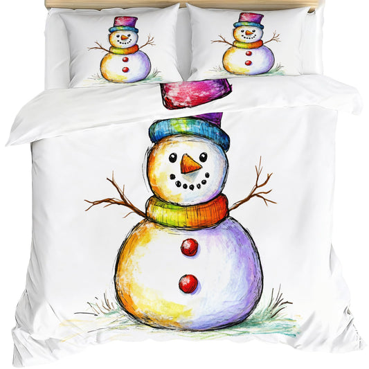 Snowman Duvet Cover Twin Size, Painted Snowman Comforter Cover Christmas Bedding Set 3 Piece with 2 Pillow Sham with Zipper Closure 68" x86"