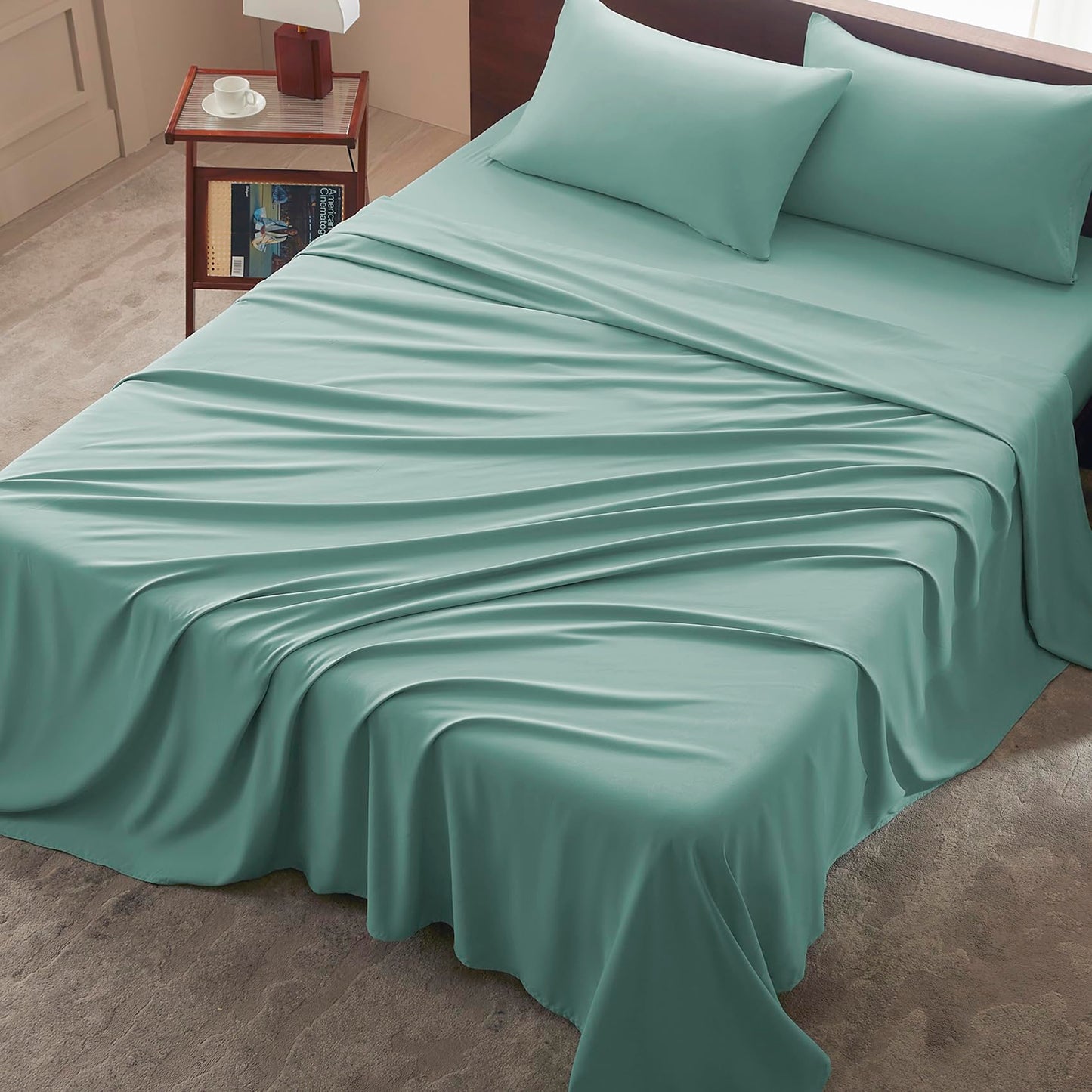 USXIBEI Queen Size 4 Piece Sheet Set - Comfy Breathable & Cooling Bed Sheets Set, Soft and Wrinkle Free, Deep Pockets, Easy & Secure Fit, Hotel Luxury Bedding - Oeko-Tex - Spa Blue