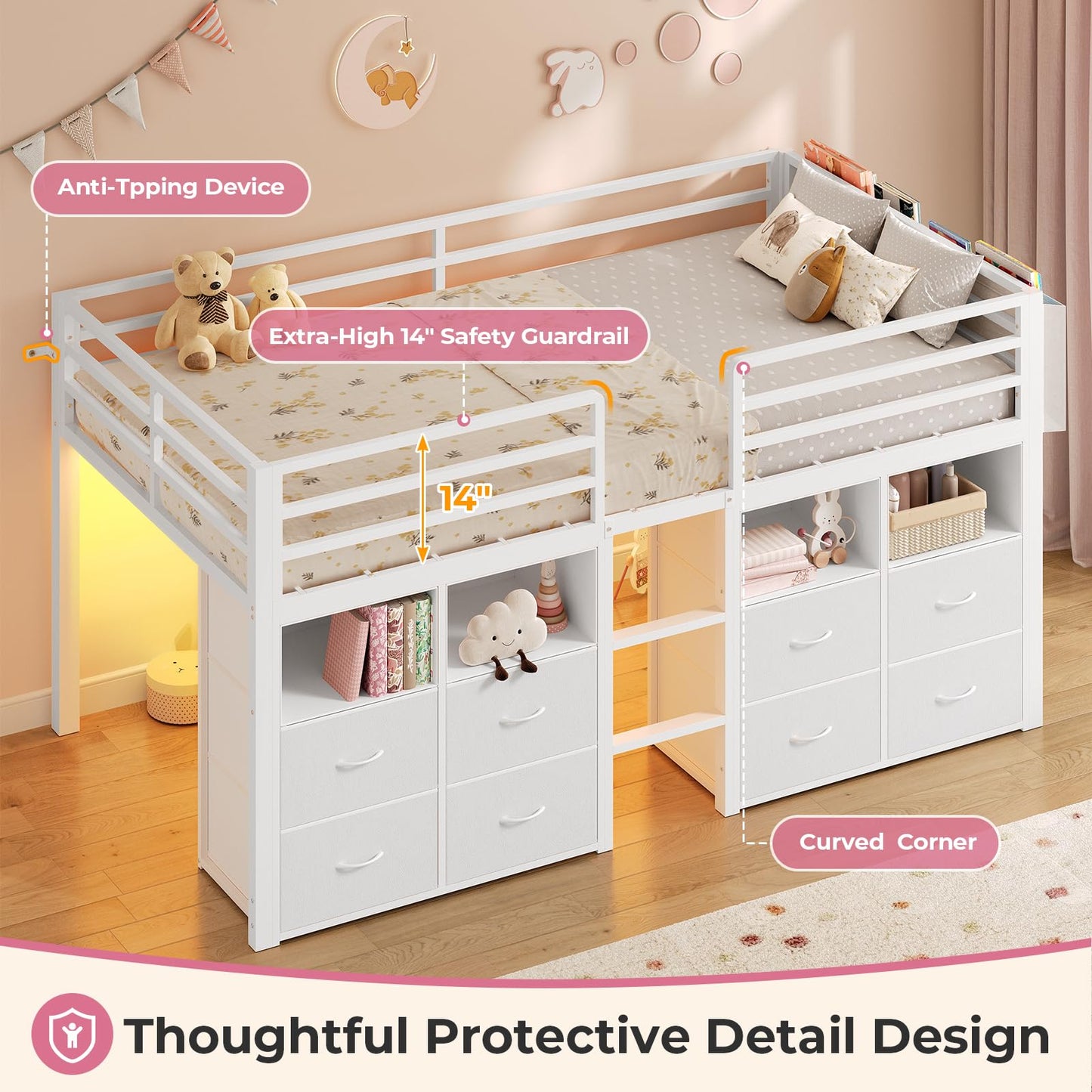 ADORNEVE Low Loft Bed Twin Size with 8 Storage Drawers, Twin Loft Bed with Bookcase and LED Lights, Metal Kids Loft Bed with 14" H Safety Guardrail, Under-Bed Play Space, No Box Spring Needed, White