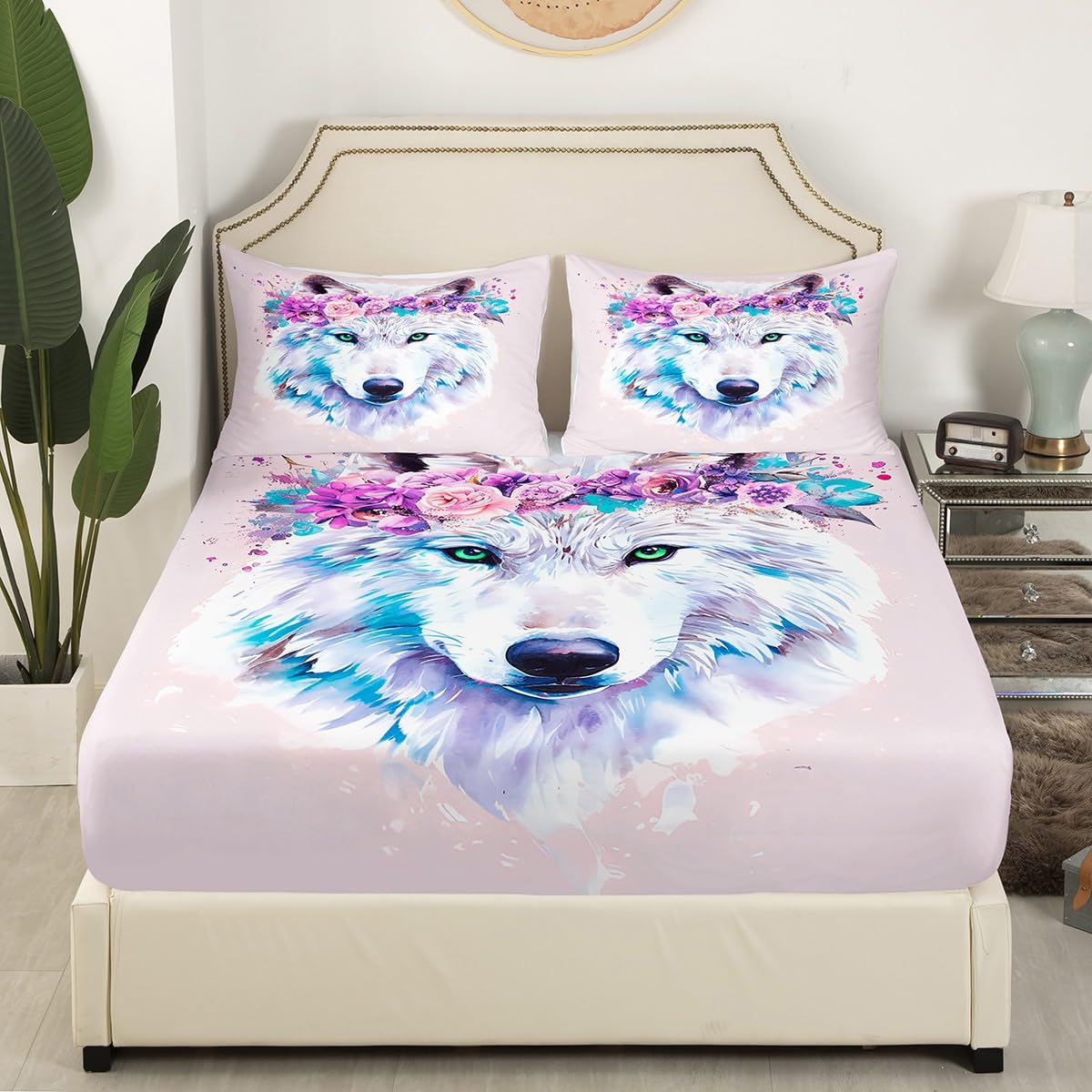 3D Wolf Bedding Set, with Green Eyes Wild Animal Blooming Flower Splash Watercolour Tie Dye Fitted Sheet, Decorative 2 Piece Sheet Set with 1 Pillow Sham, Twin Size, Black White