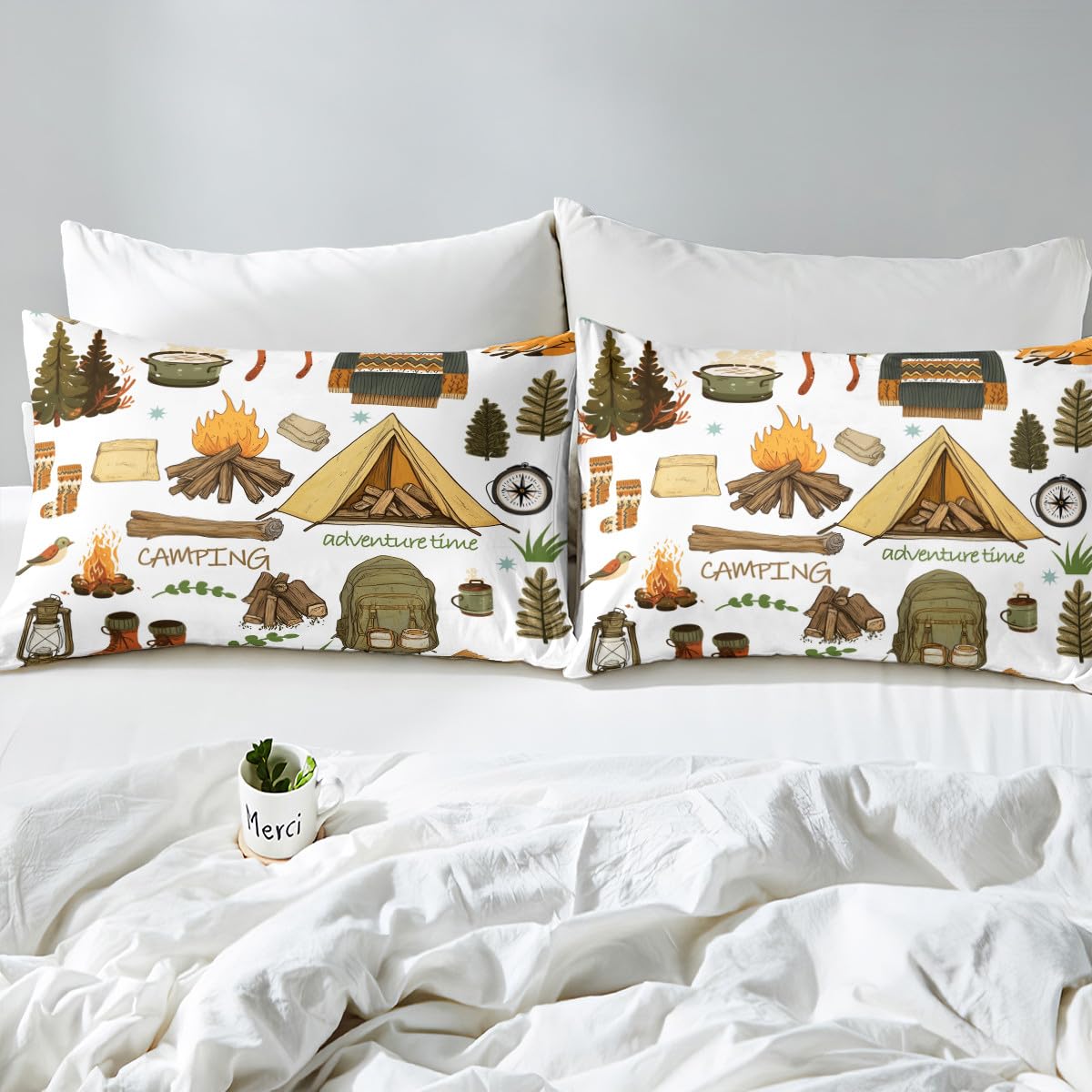 Happy Camping Kids Fitted Sheet Twin Size,Camper Equipment Tent Campfire Boots Bedding Set,Boys Girls Room Decor,Outdoor Adventure Time Bed Cover,Brown White Bed Sheet,1 Pillowcase(No Top Sheet)