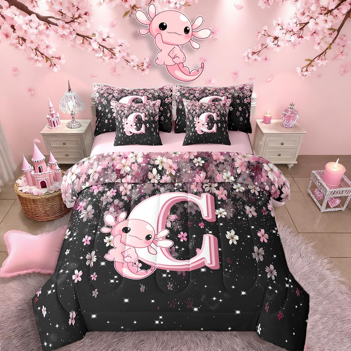 Erosebridal Twin Size Pink Black Alphabet C Bed in A Bag with Cute Axolotl Design - Japanese Cherry Blossom 7 Pieces Bedding Set Cute Axolotl Comforter Set with Sheets Initial Letter Gift for Her