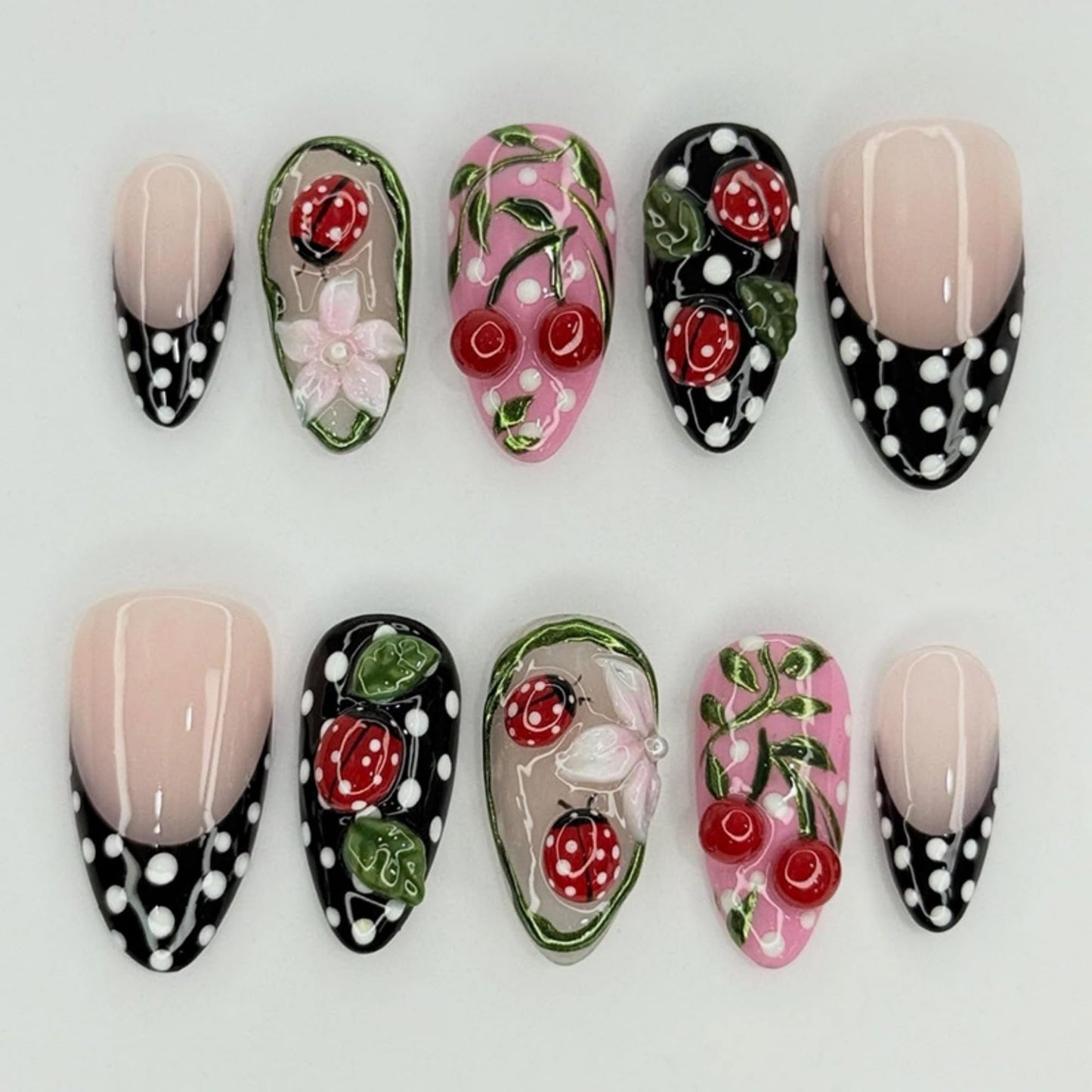 octoswave Press on Nails Medium Almond Fake Nails French Artificial Nail Black and White Dot Pattern Stick on Nail for Women 30pcs