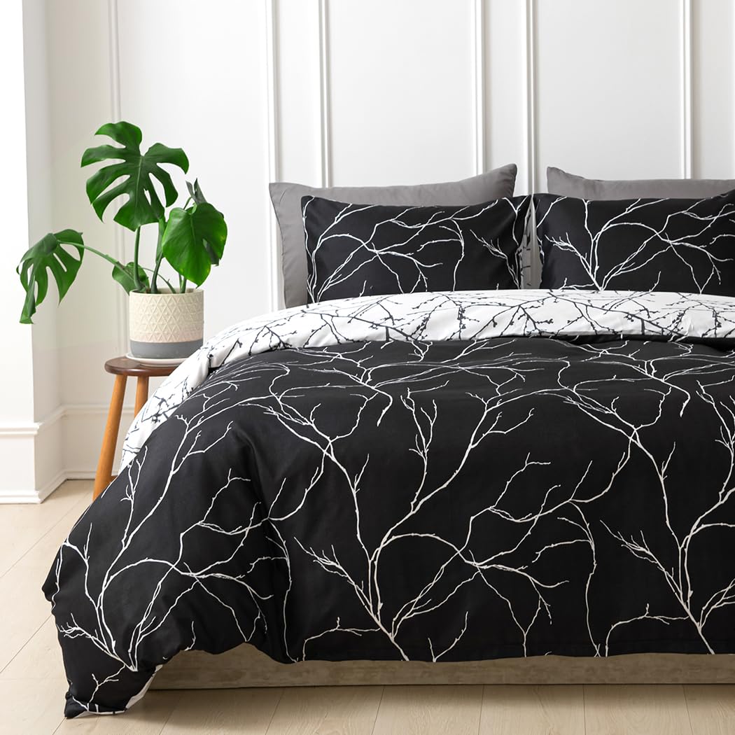 Lekesky Reversible Duvet Cover Queen Size, Black Branch Comforter Cover Queen 3pcs Microfiber Botanical Bedding Set with Zipper Closure Corner Ties