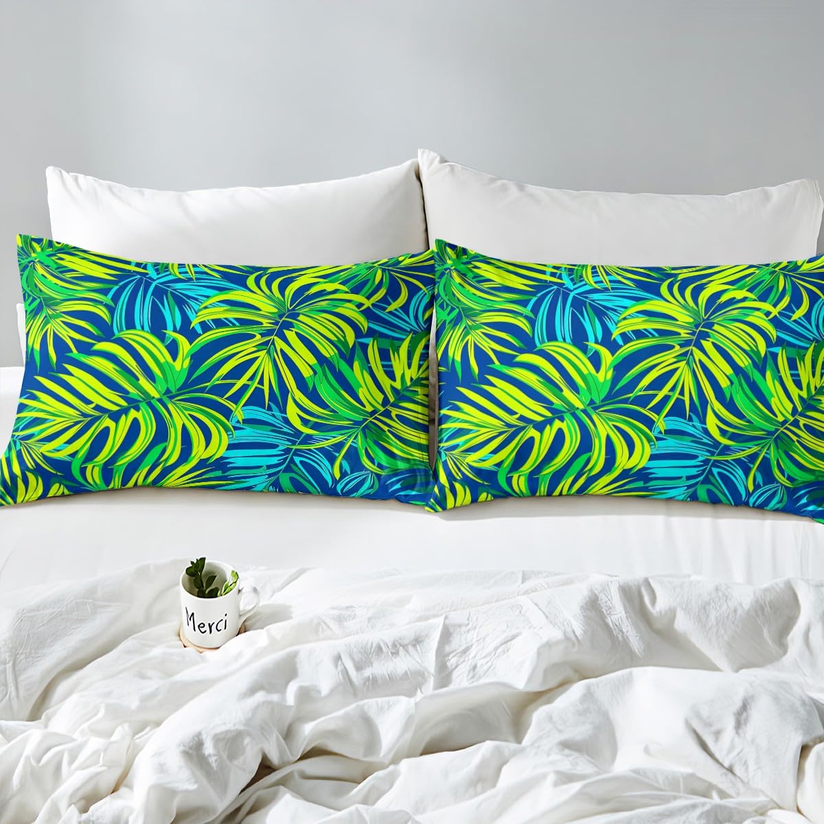 Palm Leaf Duvet Cover,Tropical Plant Comforter Cover for Kids Botany Themed Print Bed Collection,Exotic Palm Tree Natural Botanical Summer Ocean Beach Sea Hawaiian Decor Bedding Set,King,Green Blue
