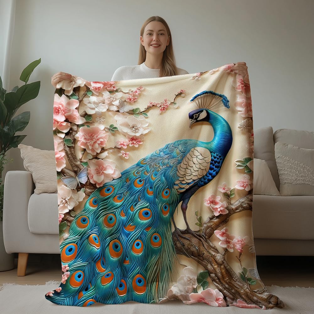 HUNXIAOJ Peacock Throw Blanket for Couch Peacock Themed Decor Animal Print Blanket King Size Soft Warm Flannel for Sofa Bed (50 in x 60 in)