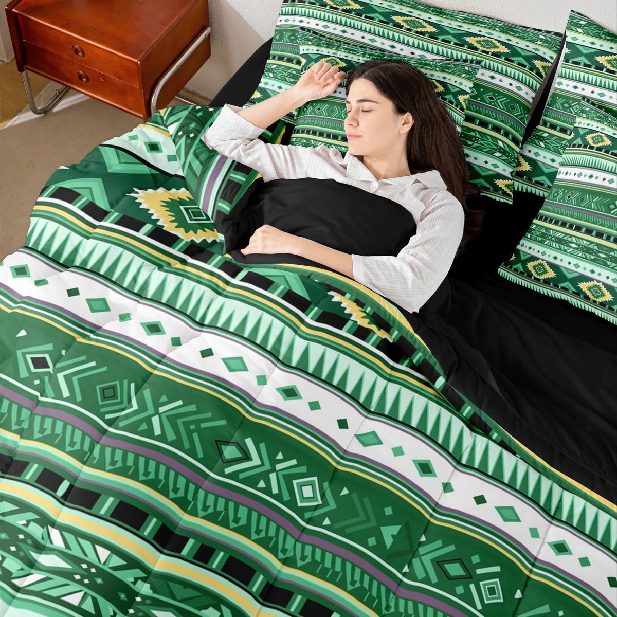 Erosebridal Cowboy White Dark Green Aztec Full Comforter Set 7 Pieces | Southwestern Farmhouse Bed in A Bag for Bedroom Bohemian Tribal Cowgirl Bedding Set with Comforters Adults Geometric Room Decor