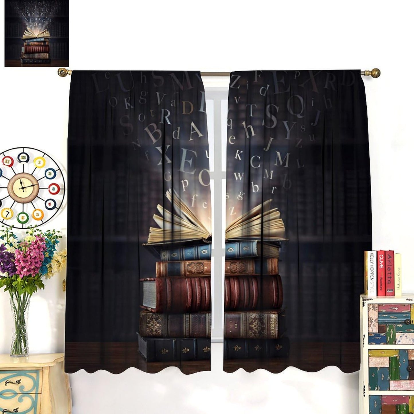 Nsbul Book Stack Curtains Mystical Alphabet Open Book Design Window Treatment Vintage Bookshelf Window Drapes for Bedroom Living Room,42" W X 45" L (No Blackout)